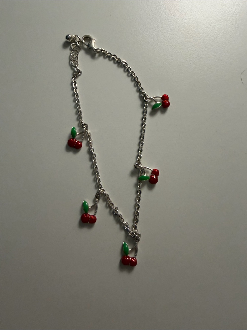 Cherry Charm Silver Chain Anklet/Bracelet - Red & Green Charms